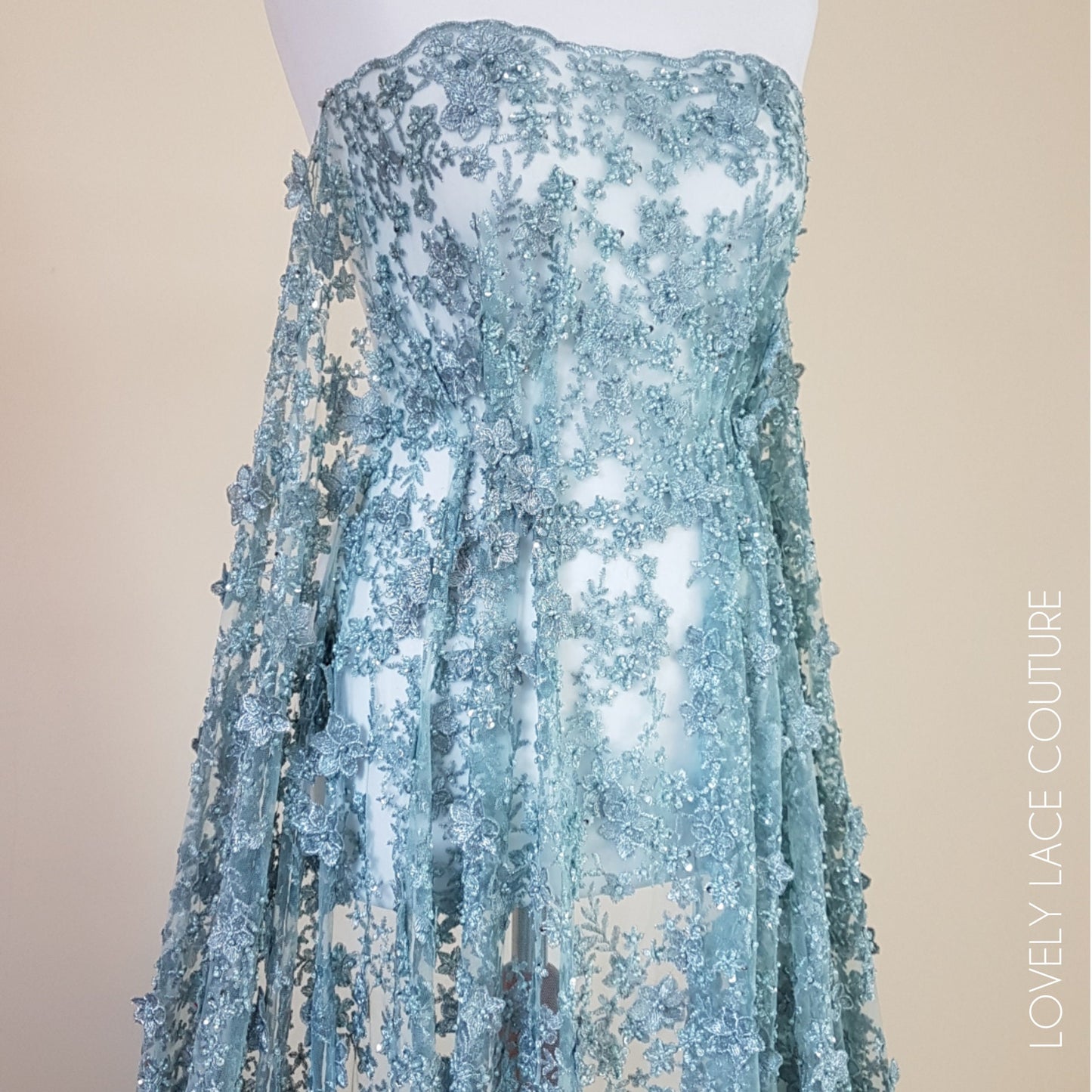 Gorgoues 3D - Lace fabric with flower desgin, Colored bridal lace, Wedding Lace Fabric, Embroidered lace in lovely blue or rosé color