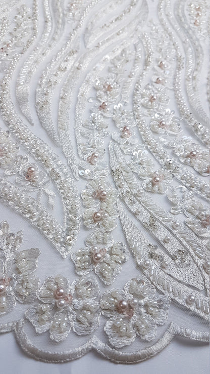Magnificent 3D - Lace fabric with abstract design, wave design, fabric by the yard or metres in ivory color LL-1327