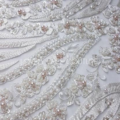 Magnificent 3D - Lace fabric with abstract design, wave design, fabric by the yard or metres in ivory color LL-1327