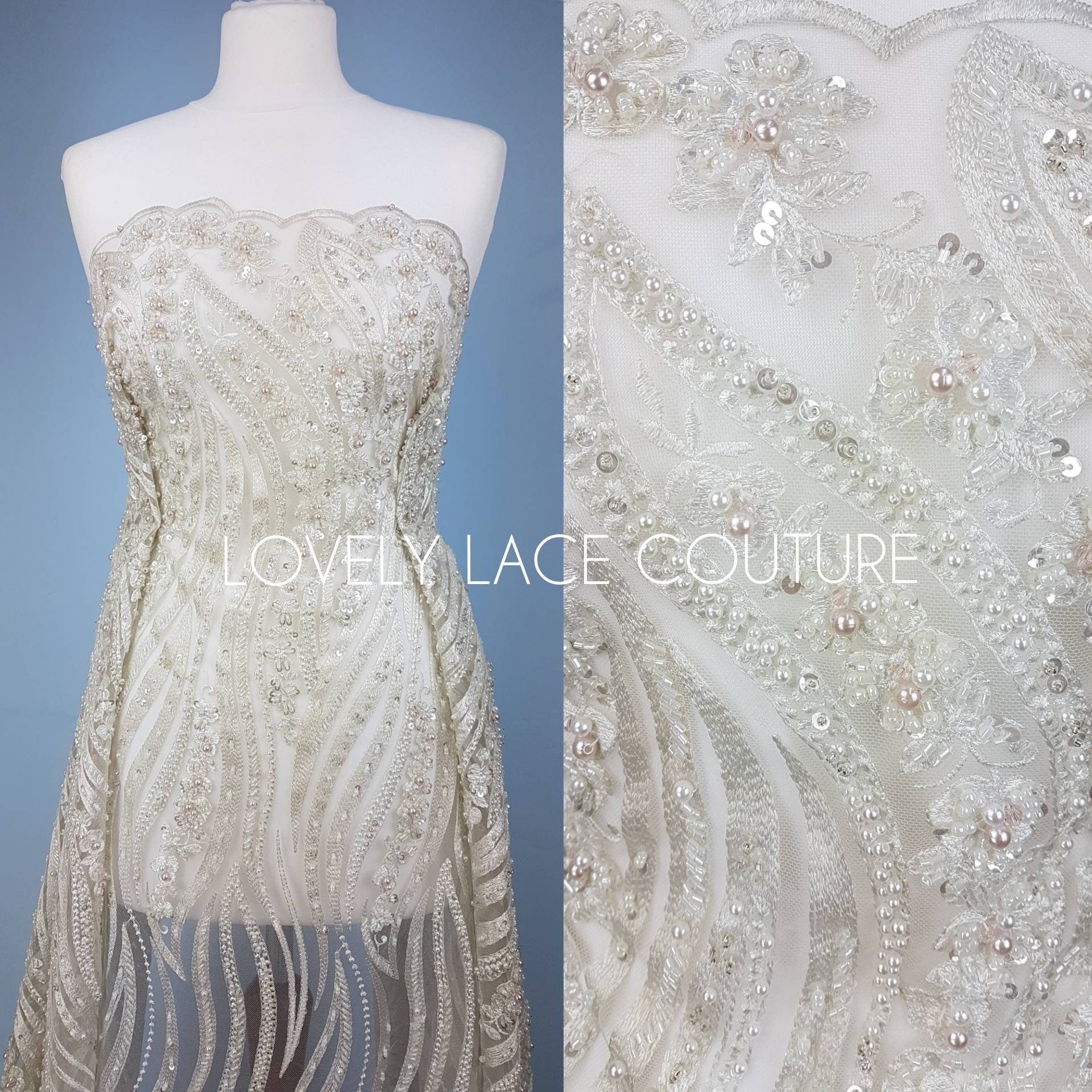 Magnificent 3D - Lace fabric with abstract design, wave design, fabric by the yard or metres in ivory color LL-1327