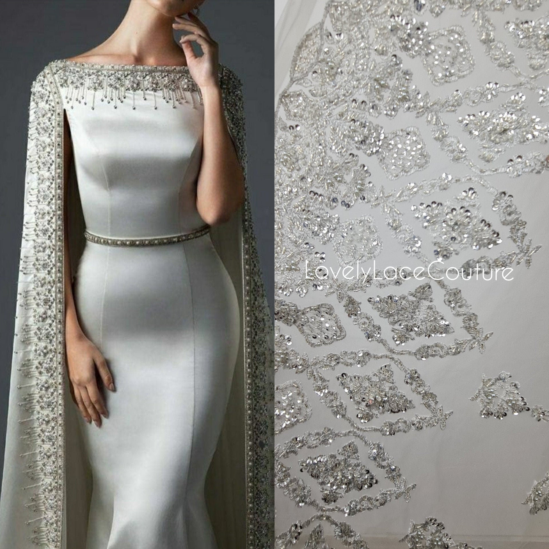 Splendid Handmade 3DLace Fabric for a Princess, beaded lace in silver color, wedding lace fabric, embroidered lace, bridal lace LL-1316