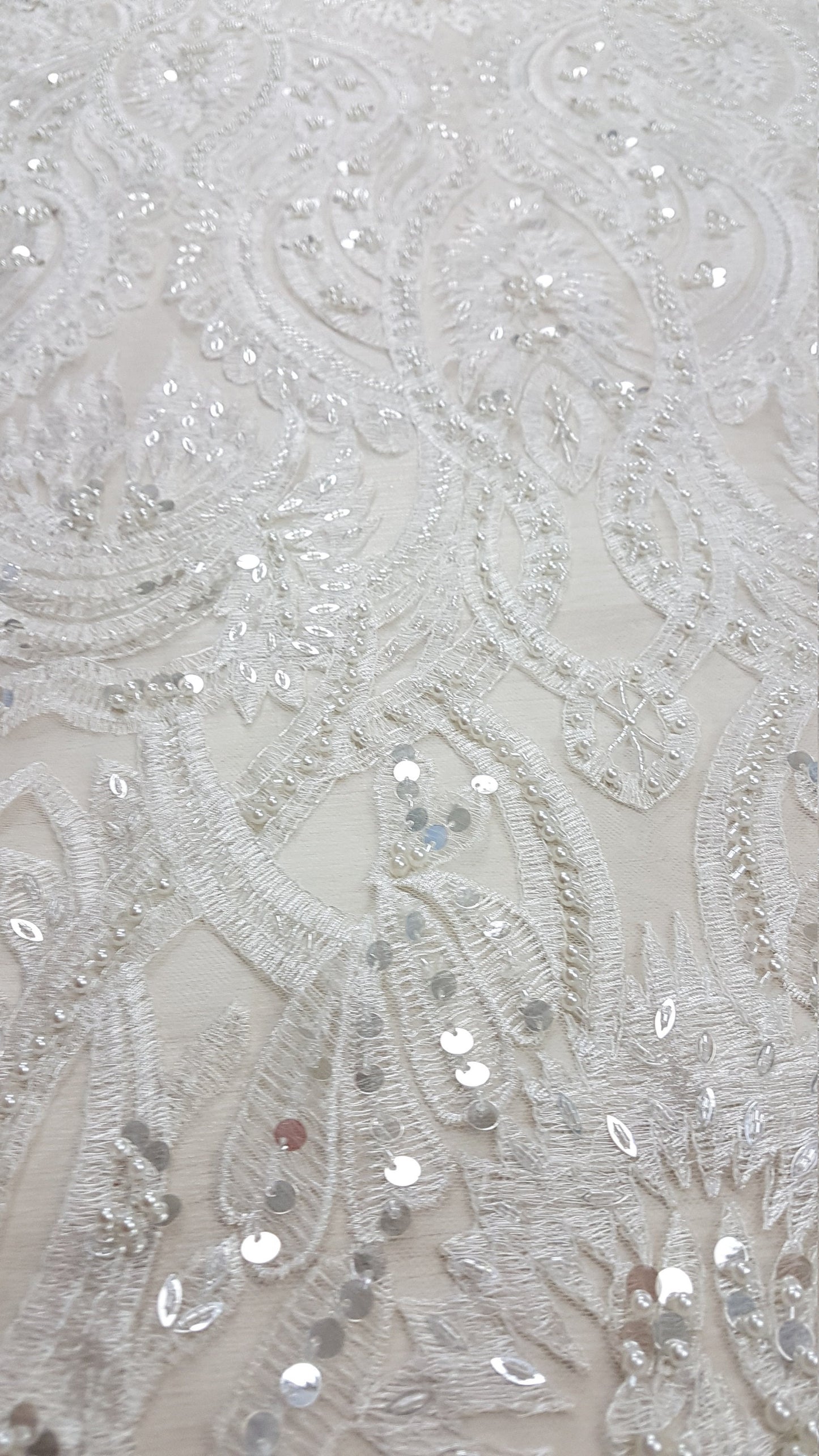 Gorgeous ornamental lace fabric with beads and big sequins in off-white LL-1326 or gold color LL-1345, lace for gown, from 1Meter