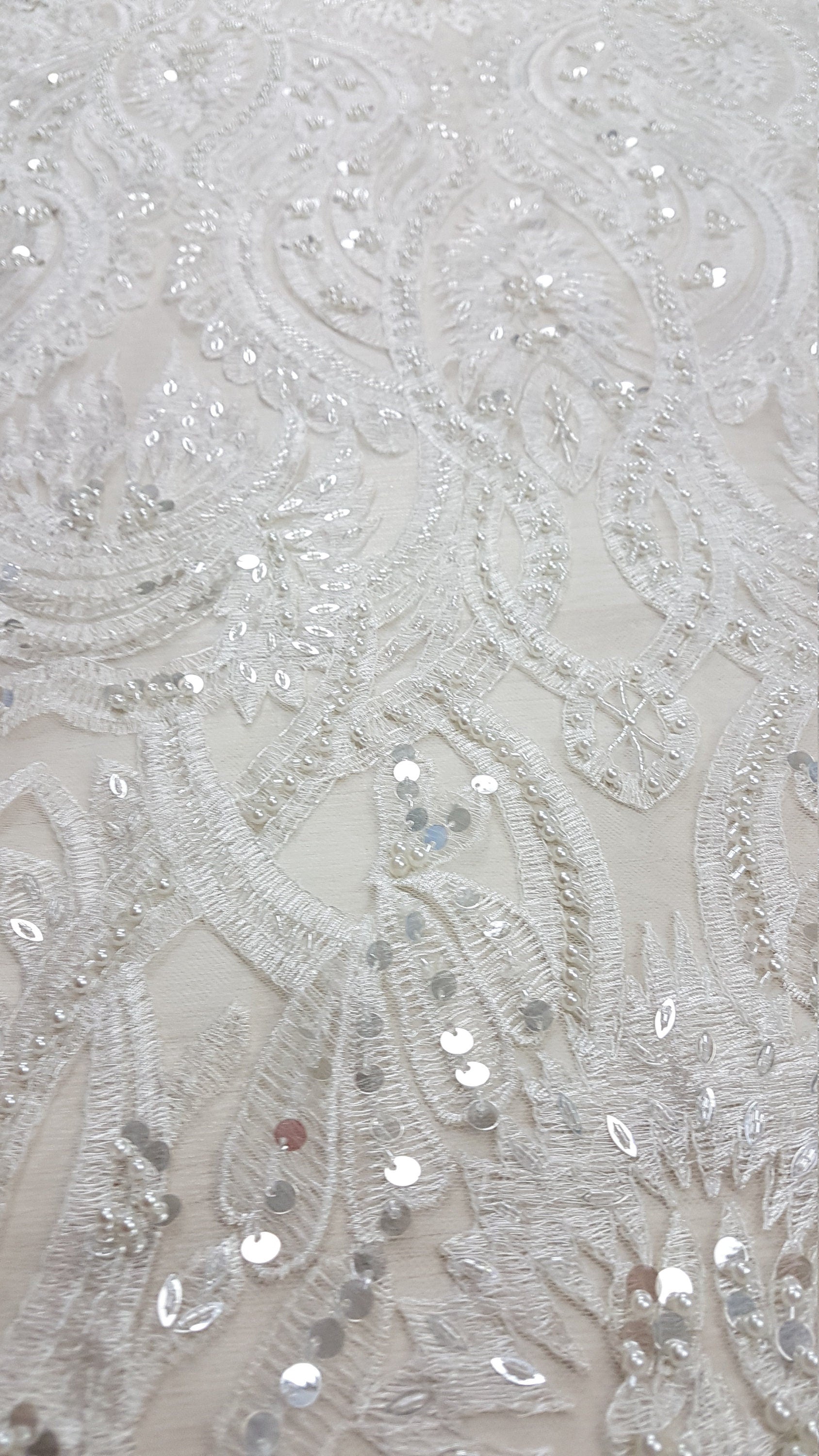 Gorgeous ornamental lace fabric with beads and big sequins in off-white LL-1326 or gold color LL-1345, lace for gown, from 1Meter