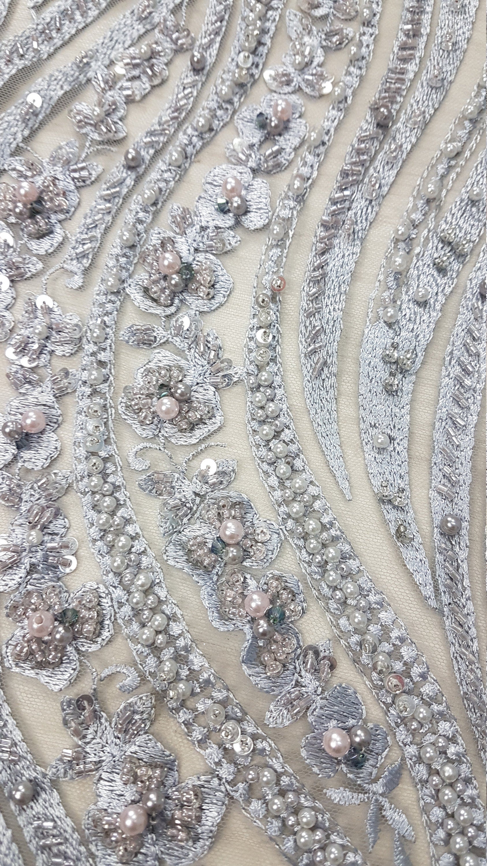 Magnificent 3D - Lace fabric with abstract design, Bridal Lace, Wedding Lace Fabric, Embroidered lace in silver-blue color LL-1349