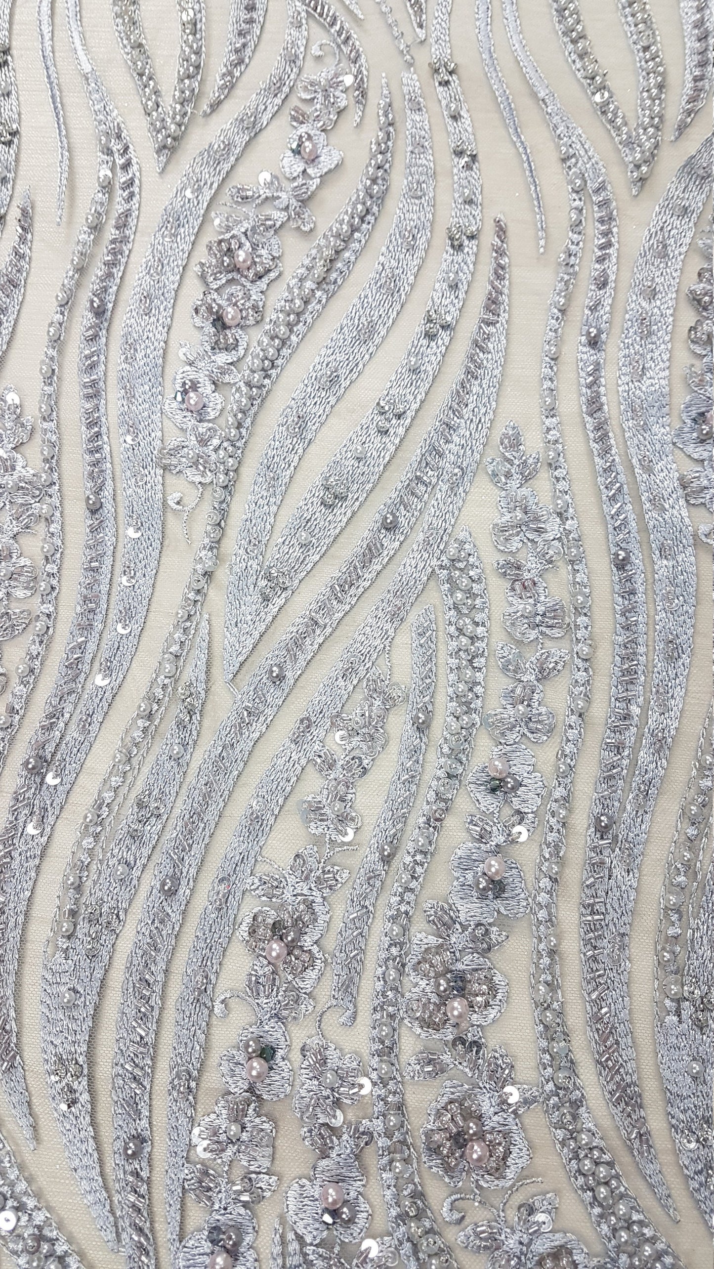 Magnificent 3D - Lace fabric with abstract design, Bridal Lace, Wedding Lace Fabric, Embroidered lace in silver-blue color LL-1349
