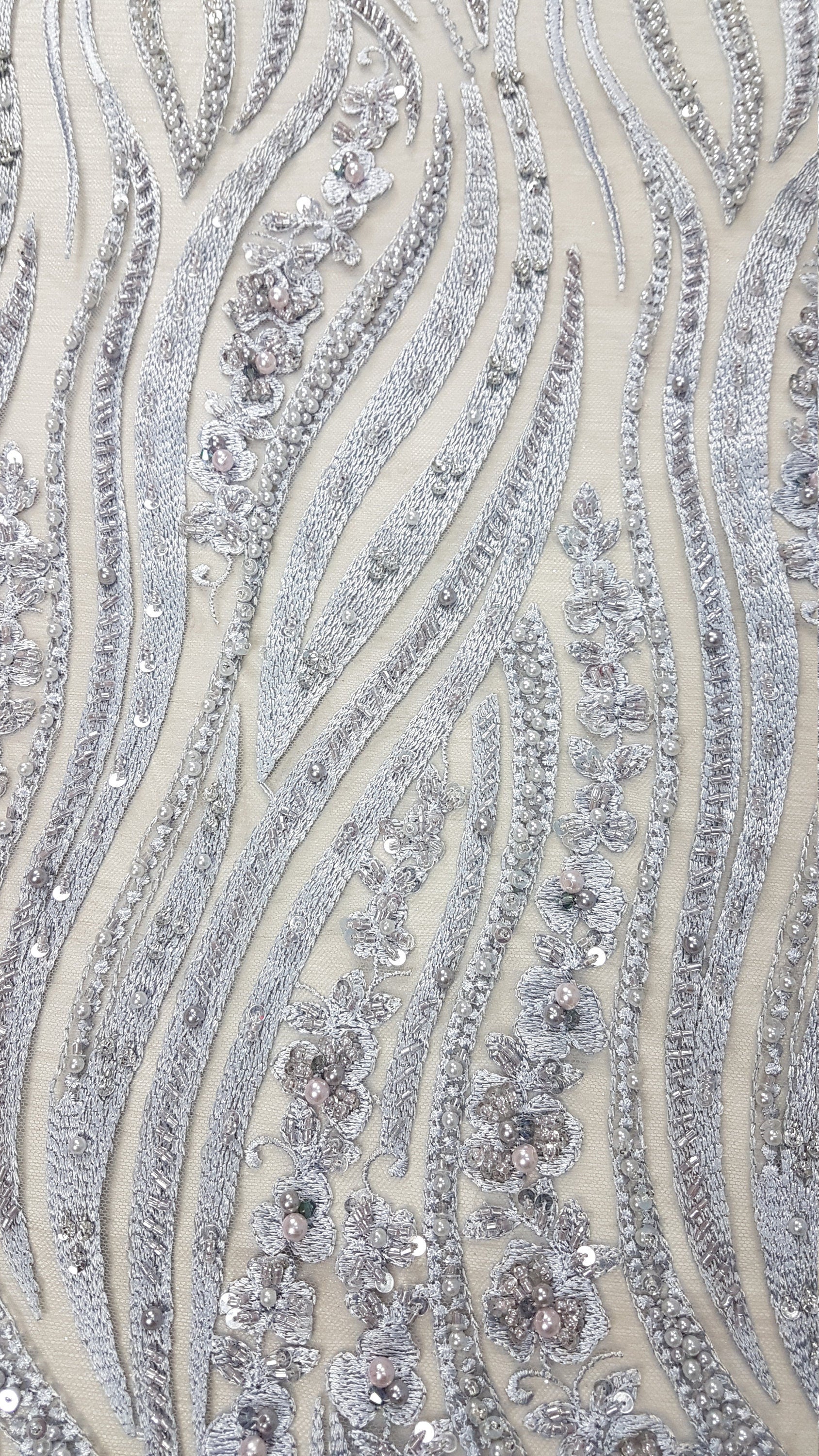 Magnificent 3D - Lace fabric with abstract design, Bridal Lace, Wedding Lace Fabric, Embroidered lace in silver-blue color LL-1349