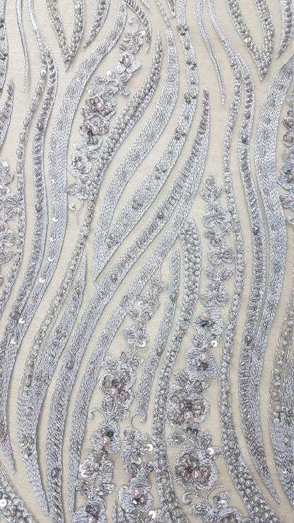 Magnificent 3D - Lace fabric with abstract design, Bridal Lace, Wedding Lace Fabric, Embroidered lace in silver-blue color LL-1349