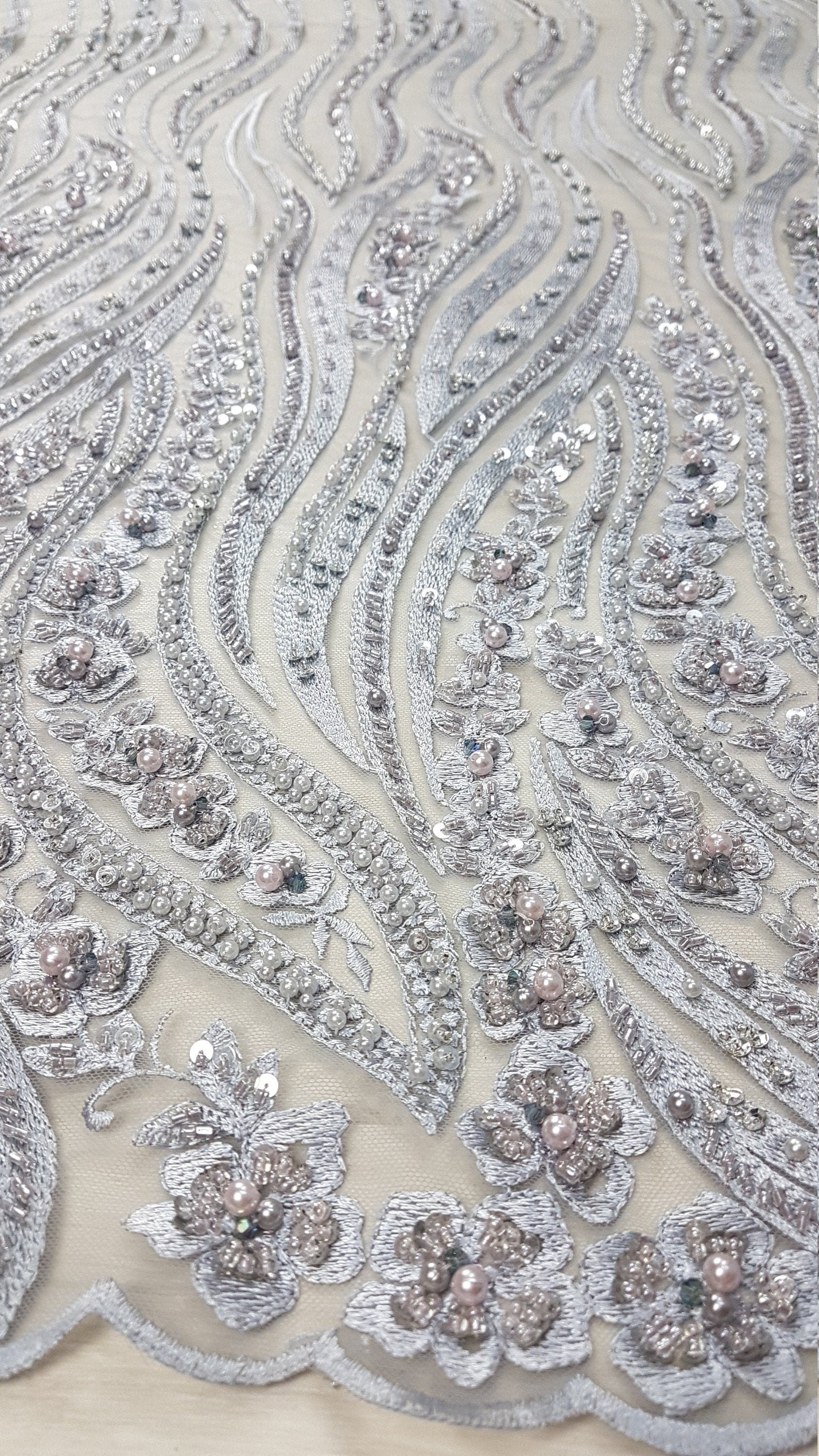 Magnificent 3D - Lace fabric with abstract design, Bridal Lace, Wedding Lace Fabric, Embroidered lace in silver-blue color LL-1349