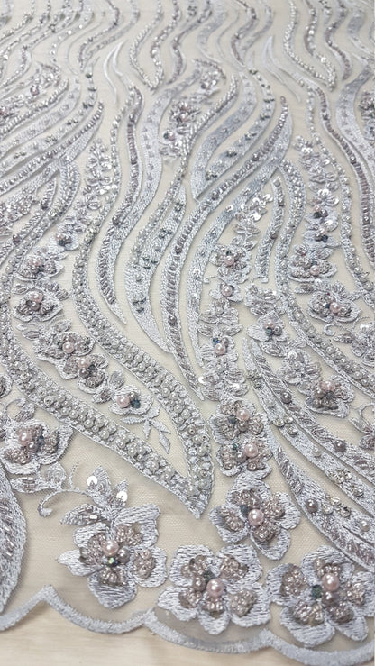 Magnificent 3D - Lace fabric with abstract design, Bridal Lace, Wedding Lace Fabric, Embroidered lace in silver-blue color LL-1349