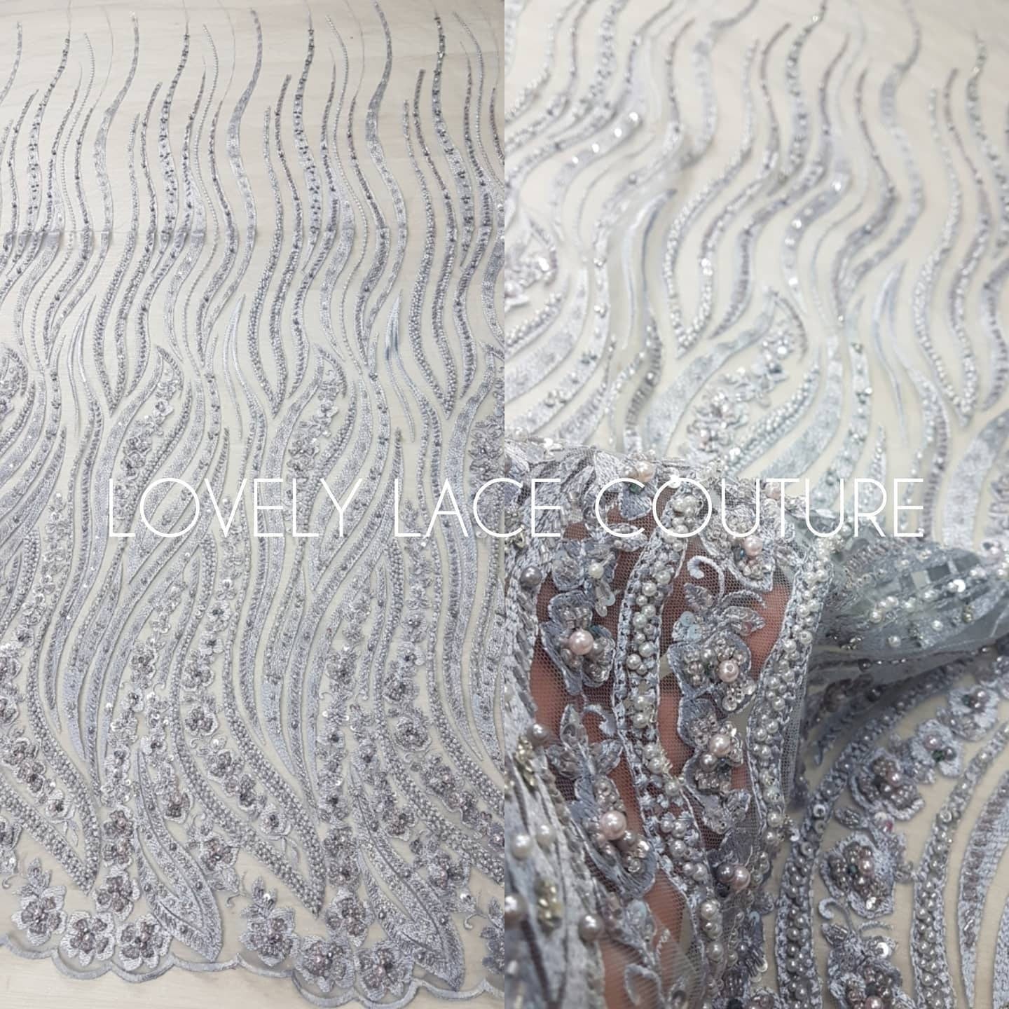 Magnificent 3D - Lace fabric with abstract design, Bridal Lace, Wedding Lace Fabric, Embroidered lace in silver-blue color LL-1349