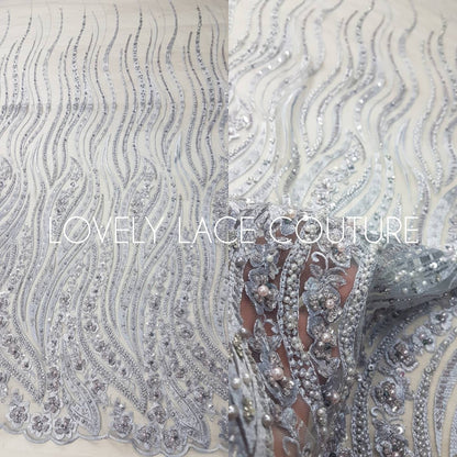 Magnificent 3D - Lace fabric with abstract design, Bridal Lace, Wedding Lace Fabric, Embroidered lace in silver-blue color LL-1349