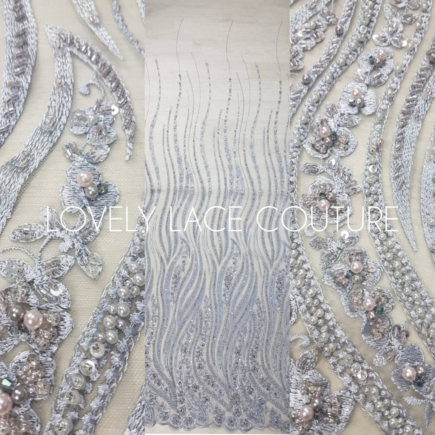 Magnificent 3D - Lace fabric with abstract design, Bridal Lace, Wedding Lace Fabric, Embroidered lace in silver-blue color LL-1349