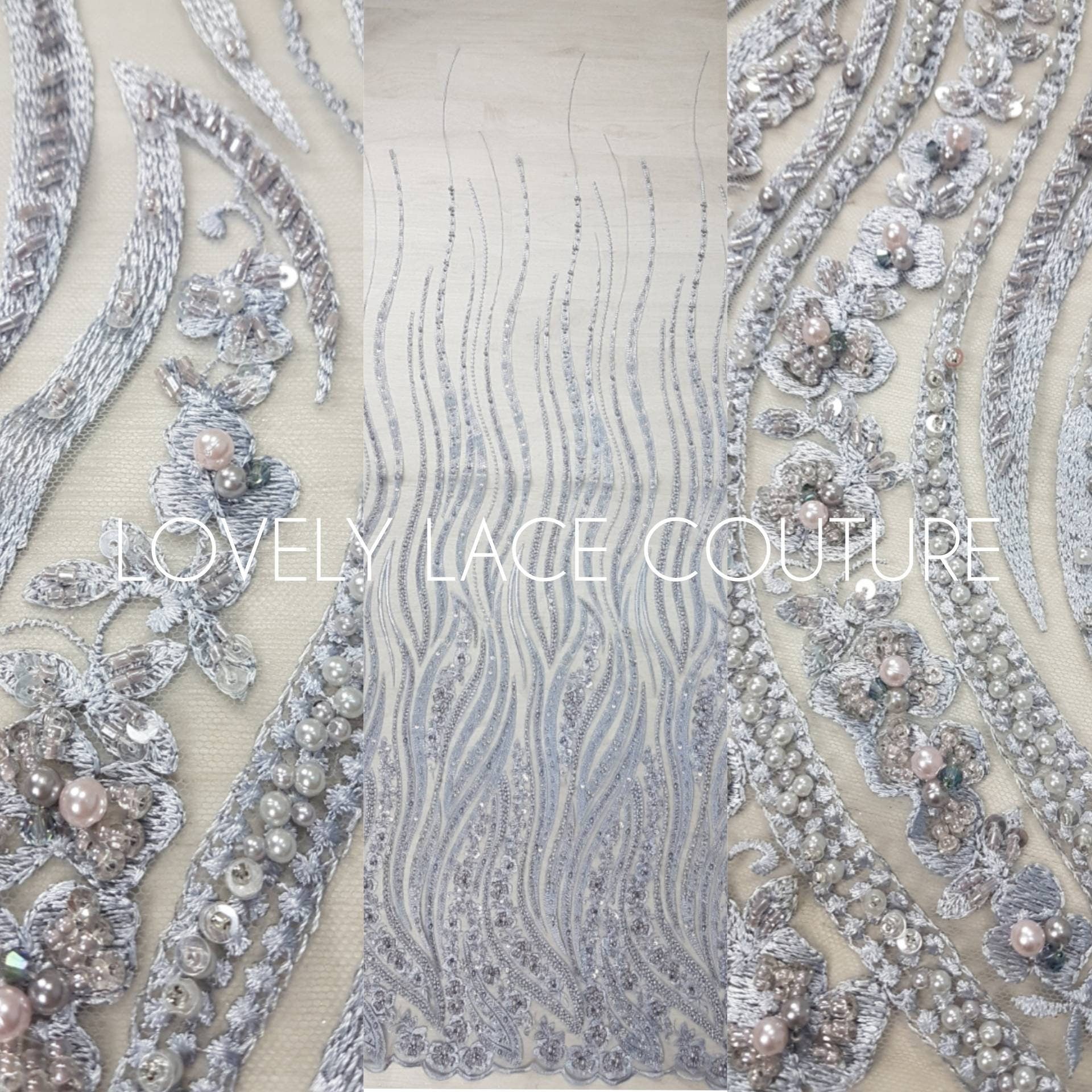 Magnificent 3D - Lace fabric with abstract design, Bridal Lace, Wedding Lace Fabric, Embroidered lace in silver-blue color LL-1349