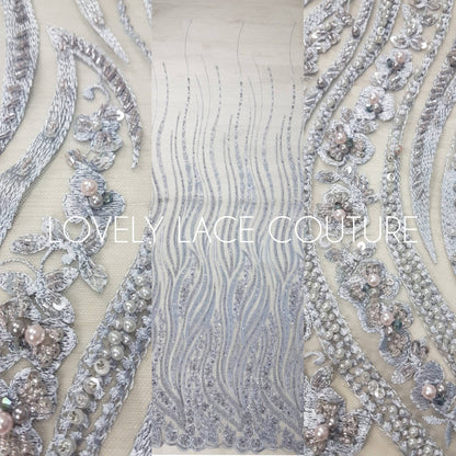 Magnificent 3D - Lace fabric with abstract design, Bridal Lace, Wedding Lace Fabric, Embroidered lace in silver-blue color LL-1349