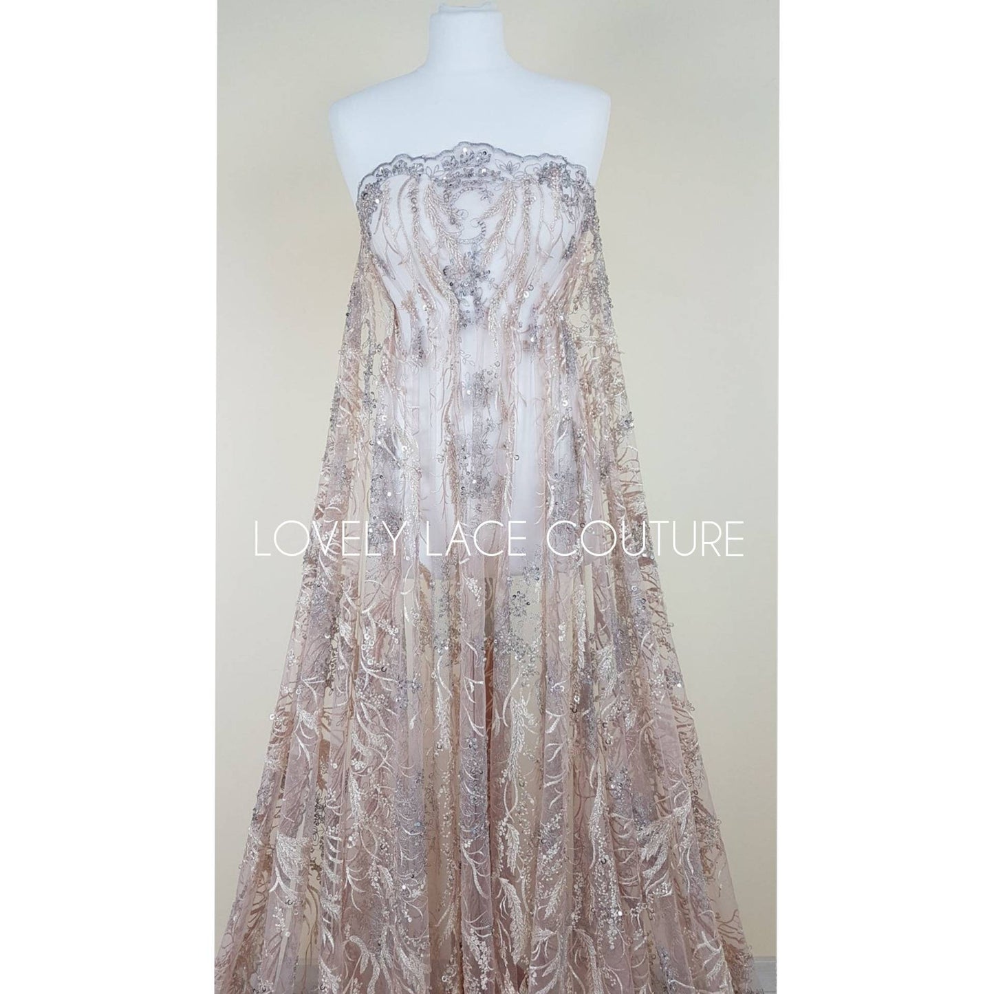 Wonderful 3D-Lace fabric with abstract desgin, Colored bridal lace, Wedding Lace Fabric, Embroidered lace in rosé-beige-silver color LL-1334