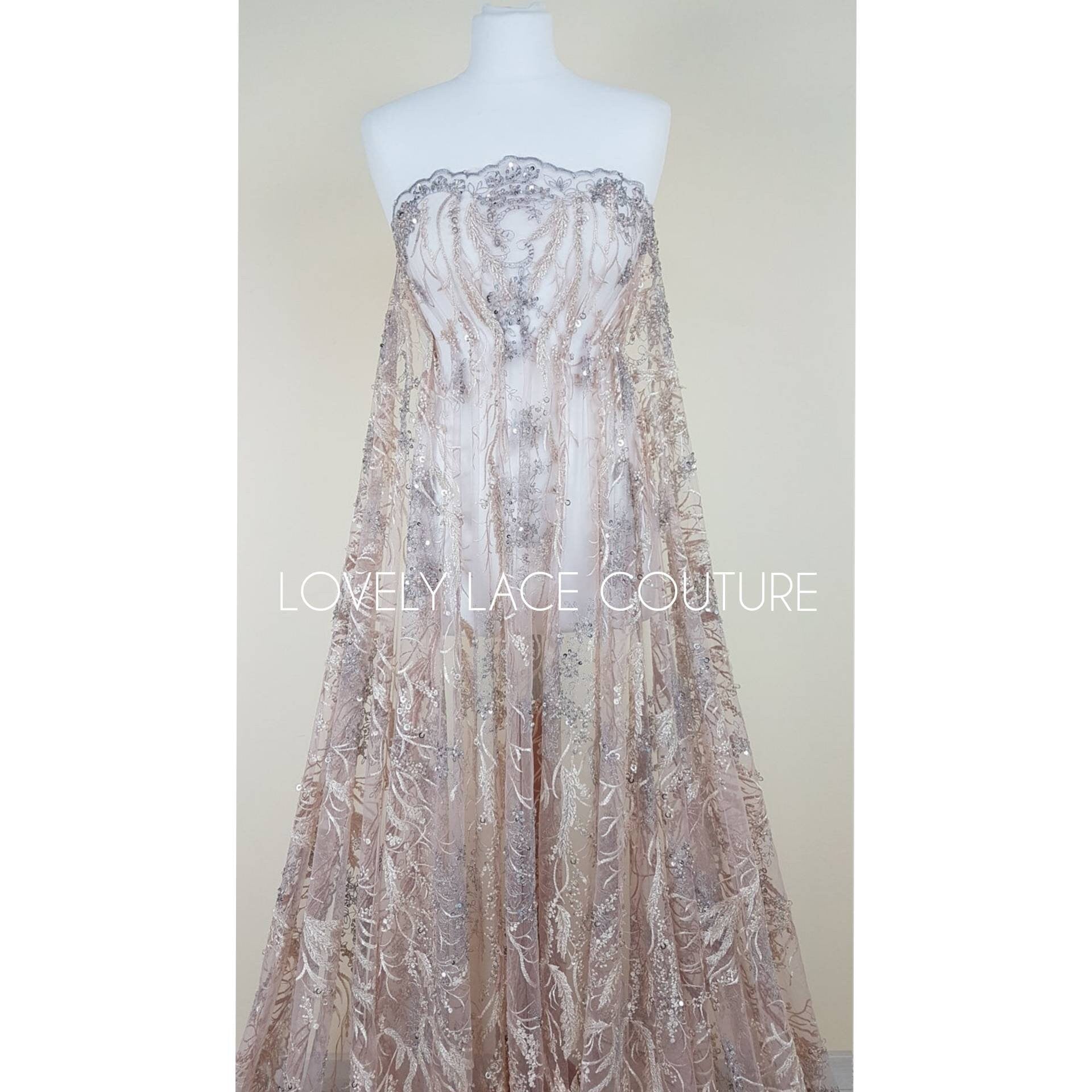 Wonderful 3D-Lace fabric with abstract desgin, Colored bridal lace, Wedding Lace Fabric, Embroidered lace in rosé-beige-silver color LL-1334