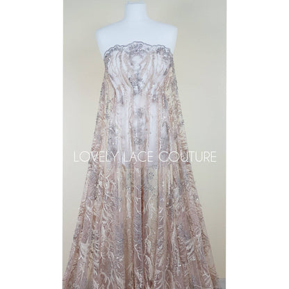 Wonderful 3D-Lace fabric with abstract desgin, Colored bridal lace, Wedding Lace Fabric, Embroidered lace in rosé-beige-silver color LL-1334