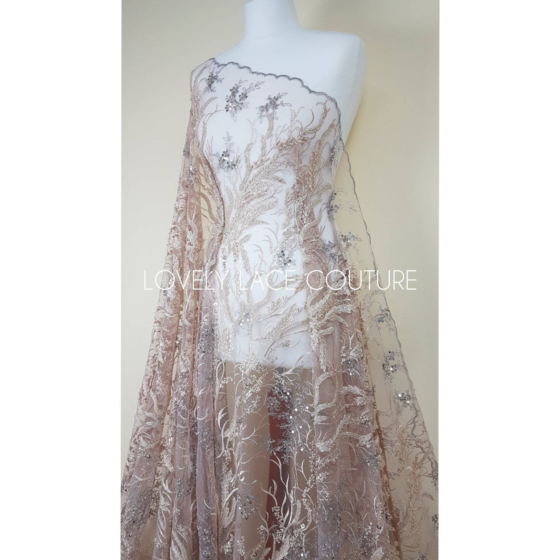 Wonderful 3D-Lace fabric with abstract desgin, Colored bridal lace, Wedding Lace Fabric, Embroidered lace in rosé-beige-silver color LL-1334