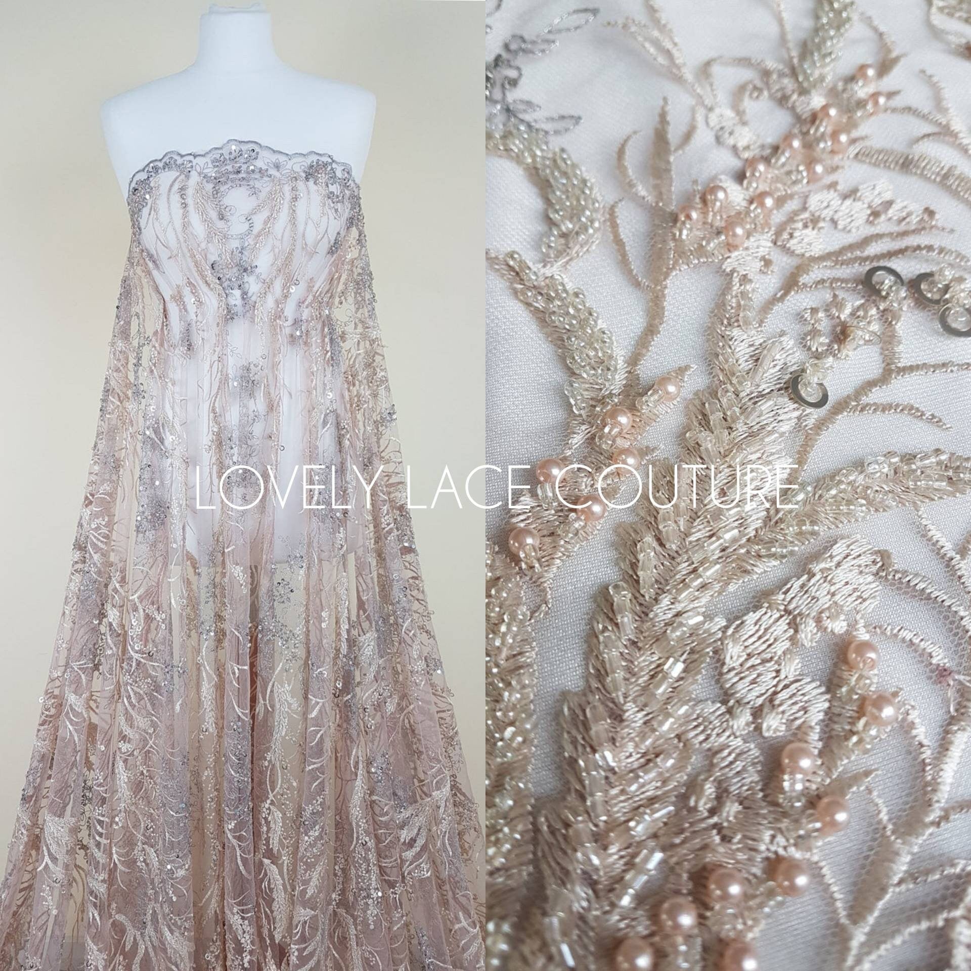 Wonderful 3D-Lace fabric with abstract desgin, Colored bridal lace, Wedding Lace Fabric, Embroidered lace in rosé-beige-silver color LL-1334