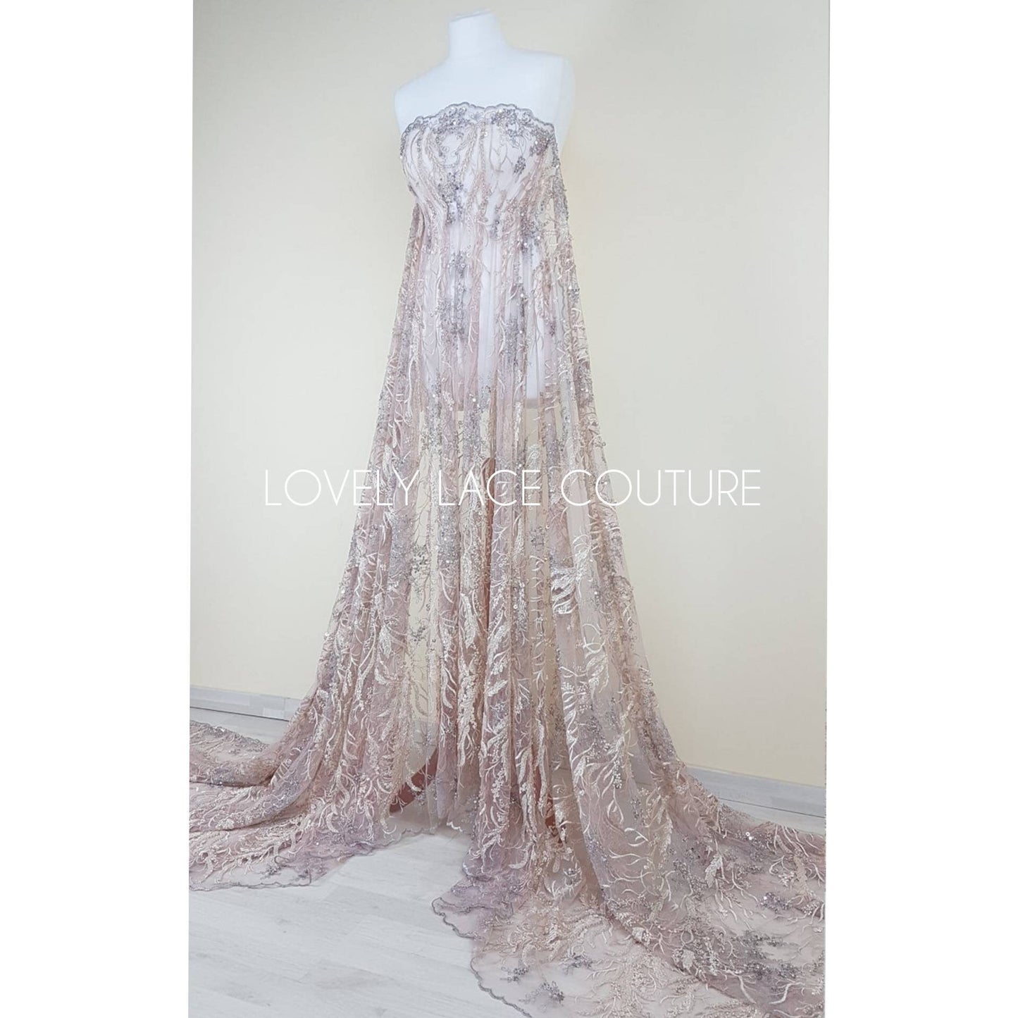 Wonderful 3D-Lace fabric with abstract desgin, Colored bridal lace, Wedding Lace Fabric, Embroidered lace in rosé-beige-silver color LL-1334