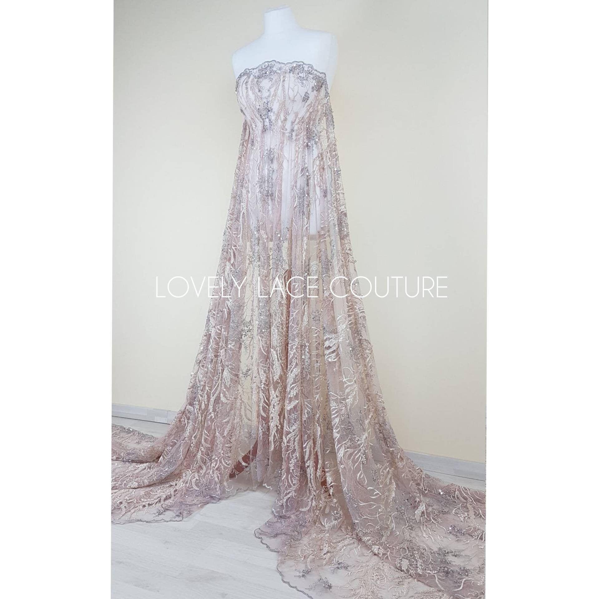Wonderful 3D-Lace fabric with abstract desgin, Colored bridal lace, Wedding Lace Fabric, Embroidered lace in rosé-beige-silver color LL-1334