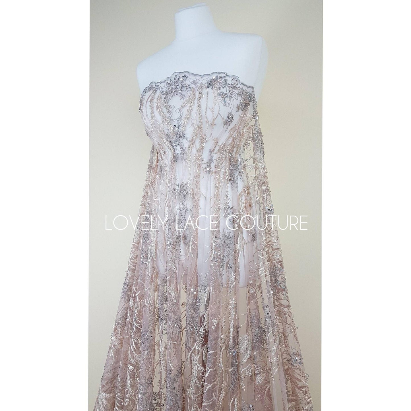 Wonderful 3D-Lace fabric with abstract desgin, Colored bridal lace, Wedding Lace Fabric, Embroidered lace in rosé-beige-silver color LL-1334