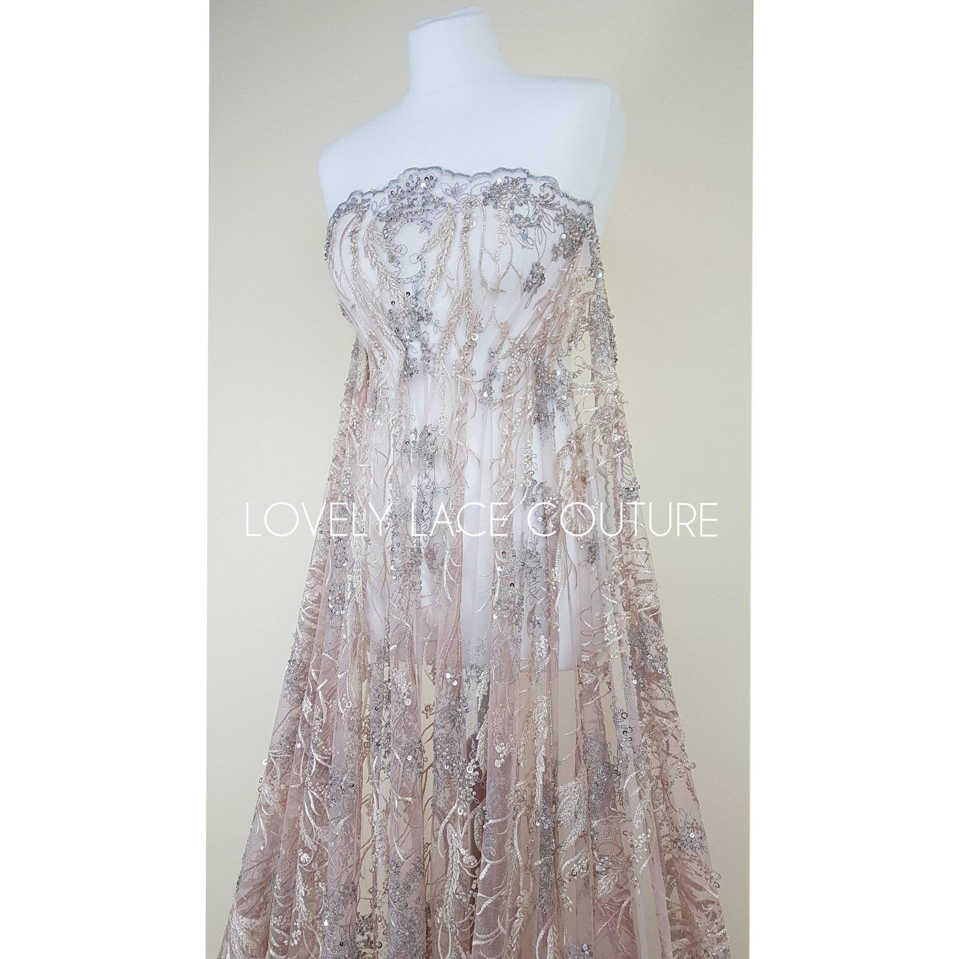 Wonderful 3D-Lace fabric with abstract desgin, Colored bridal lace, Wedding Lace Fabric, Embroidered lace in rosé-beige-silver color LL-1334