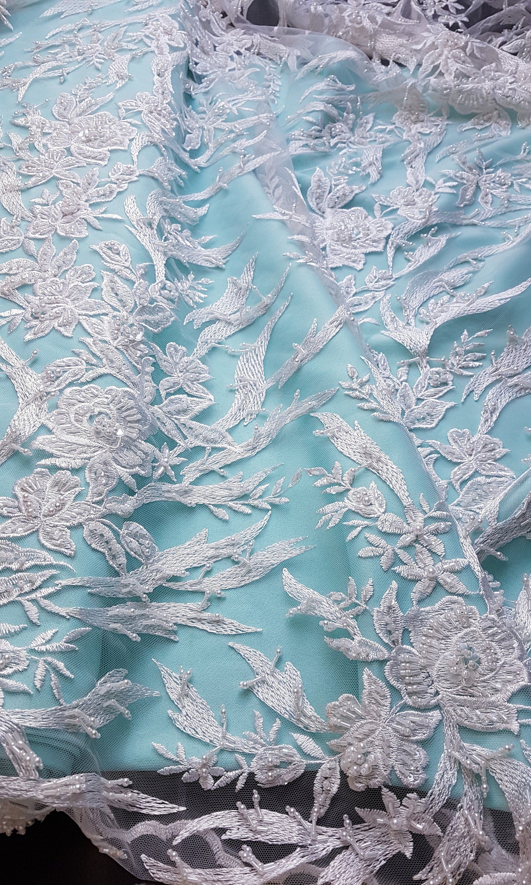 3D, Lace fabric, lace for gown with beads, crystal and sequins, white color, fabric by the yard, shop for fabric LL-1328