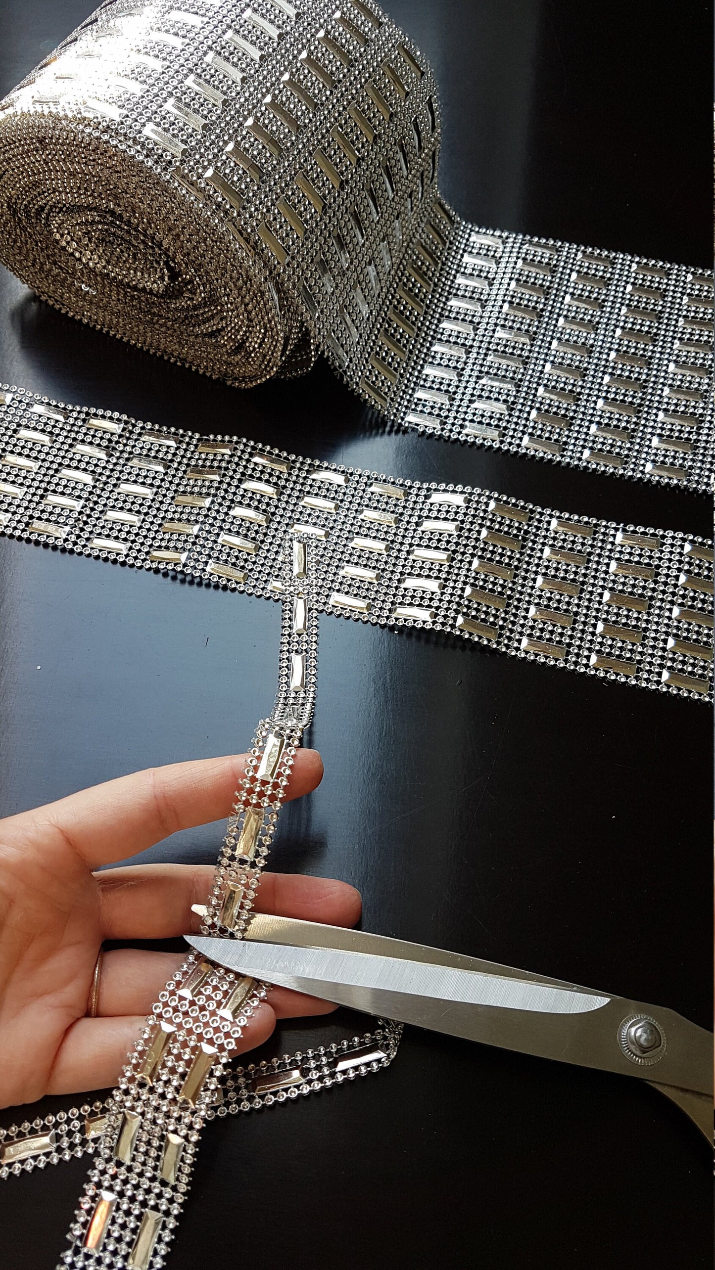 Ribbon Mesh Crystal Silver, Rhinestone appliqués, strap, trim, ribbon for decoration, dresses, evening gowns and accessoires