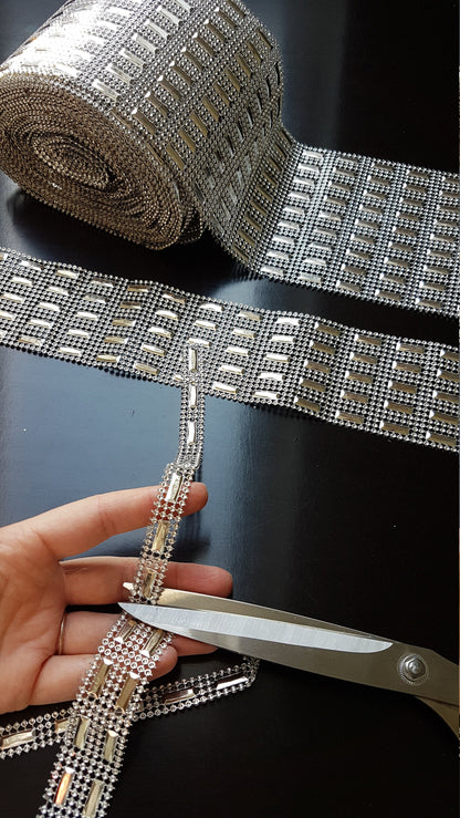 Ribbon Mesh Crystal Silver, Rhinestone appliqués, strap, trim, ribbon for decoration, dresses, evening gowns and accessoires