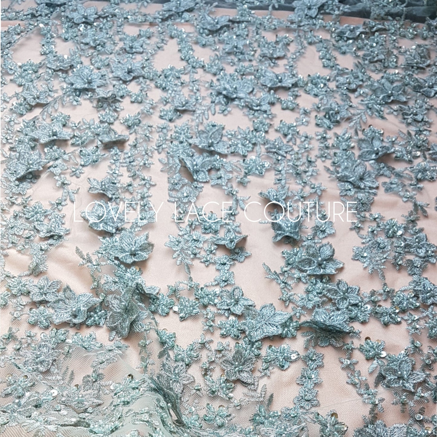Gorgoues 3D - Lace fabric with flower desgin, Colored bridal lace, Wedding Lace Fabric, Embroidered lace in lovely blue or rosé color