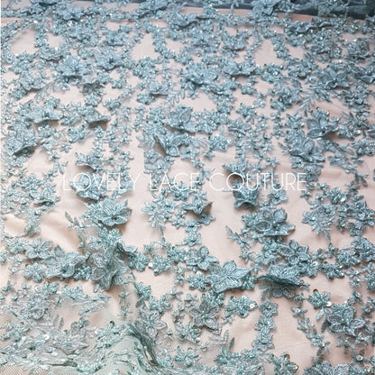 Gorgoues 3D - Lace fabric with flower desgin, Colored bridal lace, Wedding Lace Fabric, Embroidered lace in lovely blue or rosé color