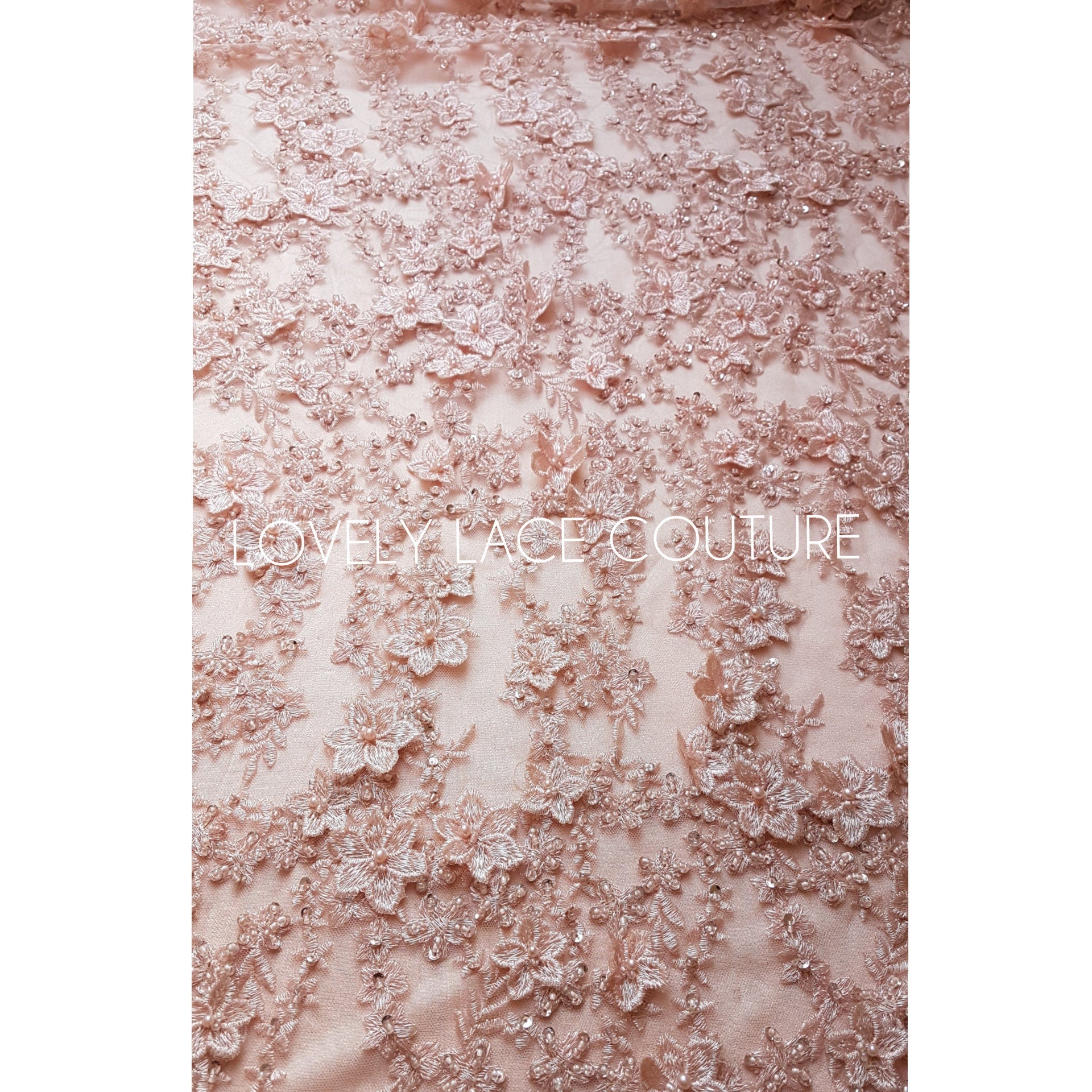Gorgeous Lace fabric with 3D-Flowers in lovely rosé color, allover design, fabric per metre, LL-1331