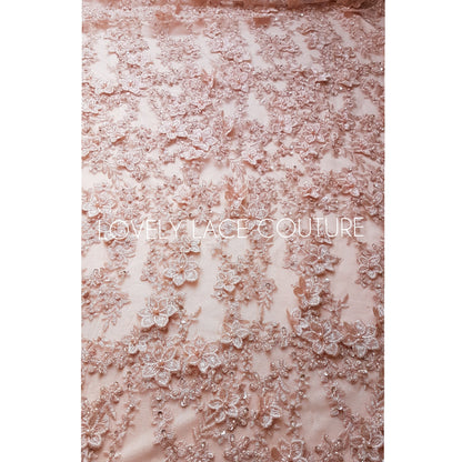Gorgeous Lace fabric with 3D-Flowers in lovely rosé color, allover design, fabric per metre, LL-1331