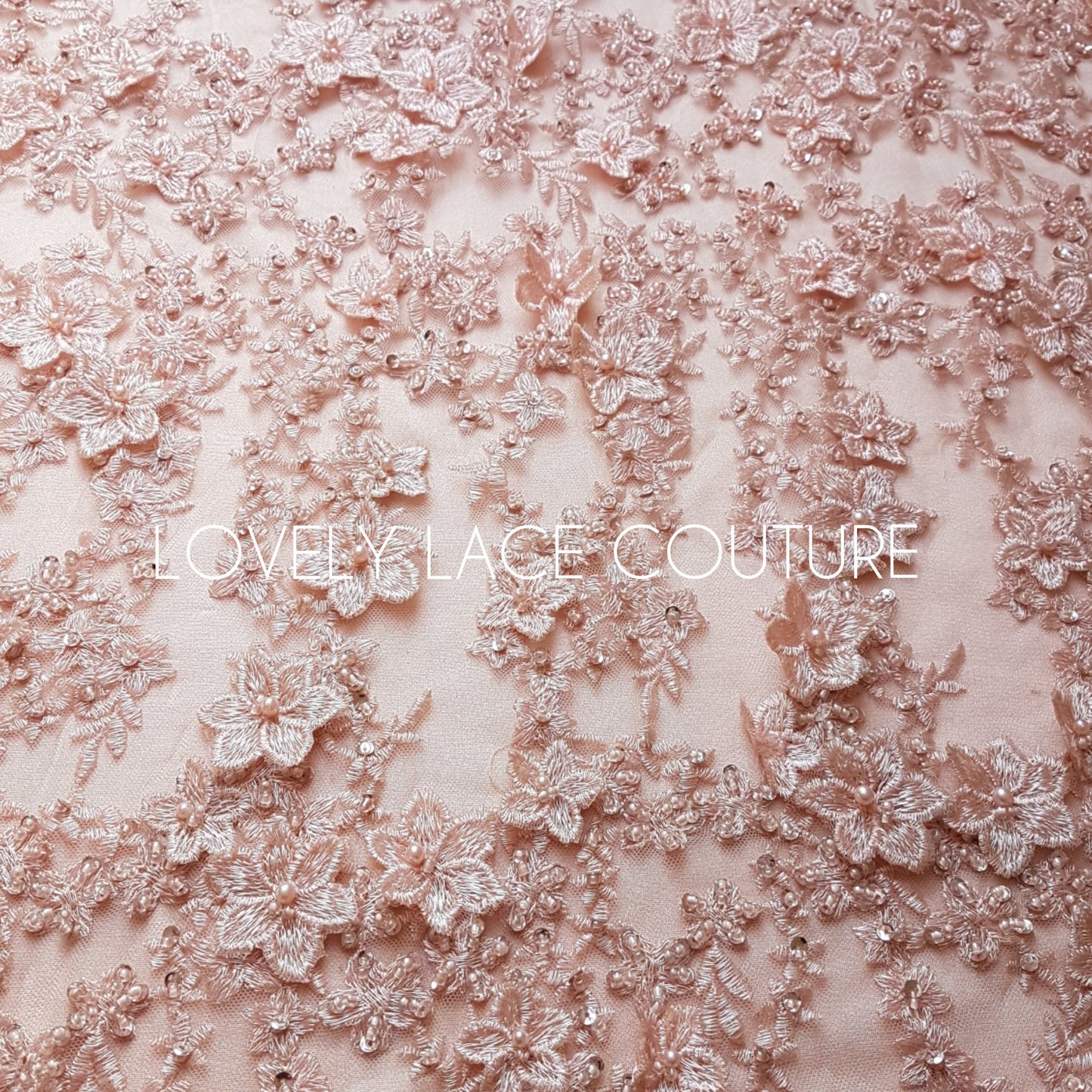 Gorgeous Lace fabric with 3D-Flowers in lovely rosé color, allover design, fabric per metre, LL-1331