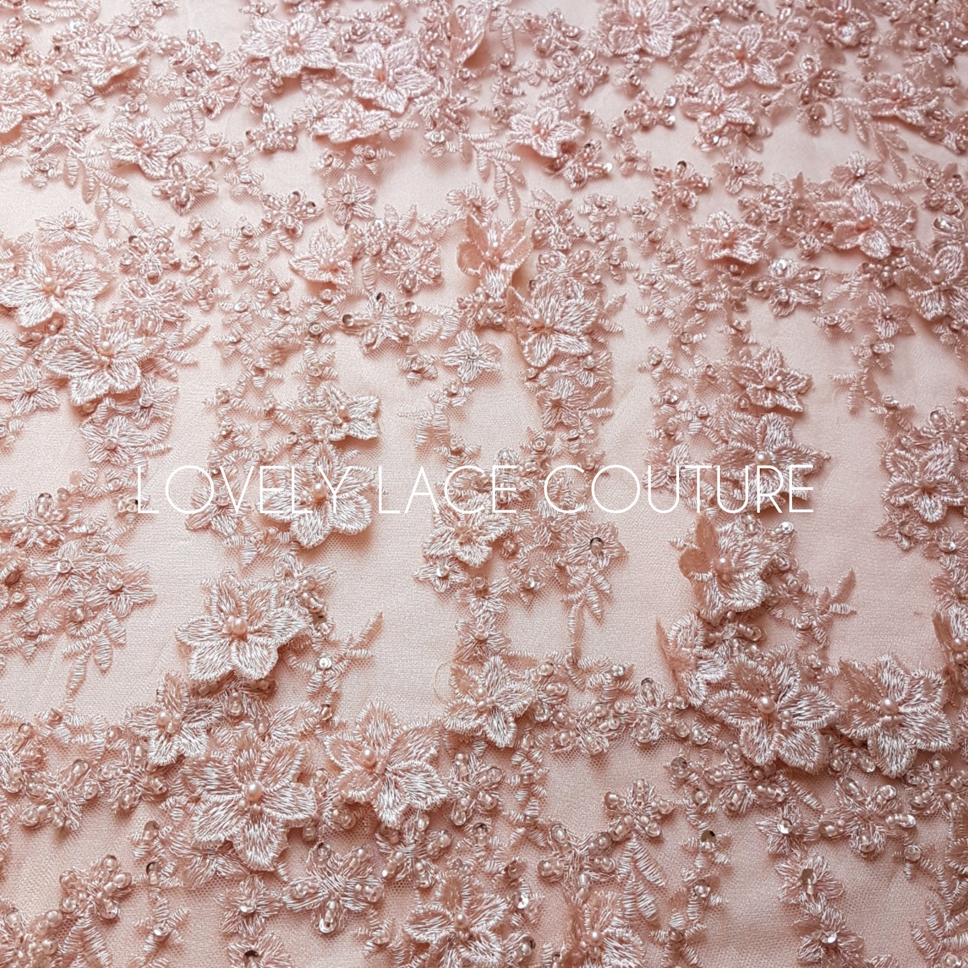 Gorgeous Lace fabric with 3D-Flowers in lovely rosé color, allover design, fabric per metre, LL-1331