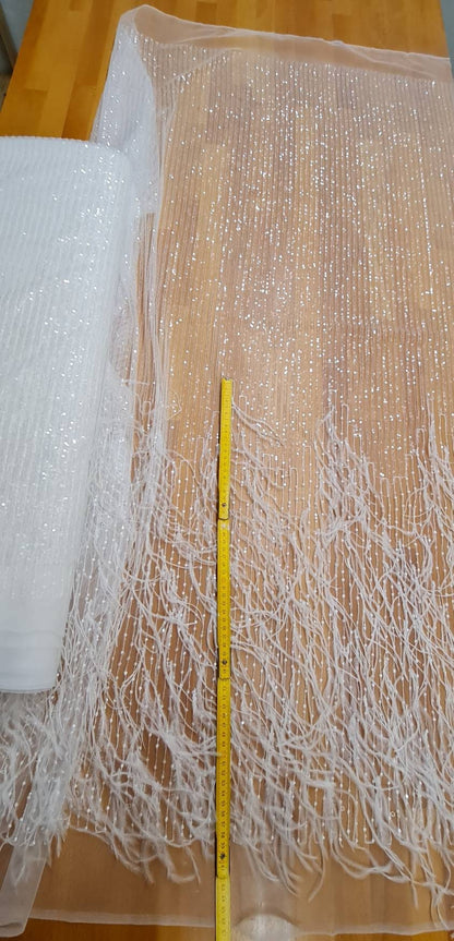 Stunning 3D French Lace Fabric in white with feathers and sequins, wedding lace fabric, bridal lace fabric, embroidery lace fabric LL-1110