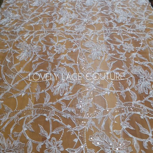 Gorgeous Lace Fabric in white with sequins, Floral Lace, wedding lace fabric, bridal lace fabric, embroidery lace, sparkling lace LL-1102