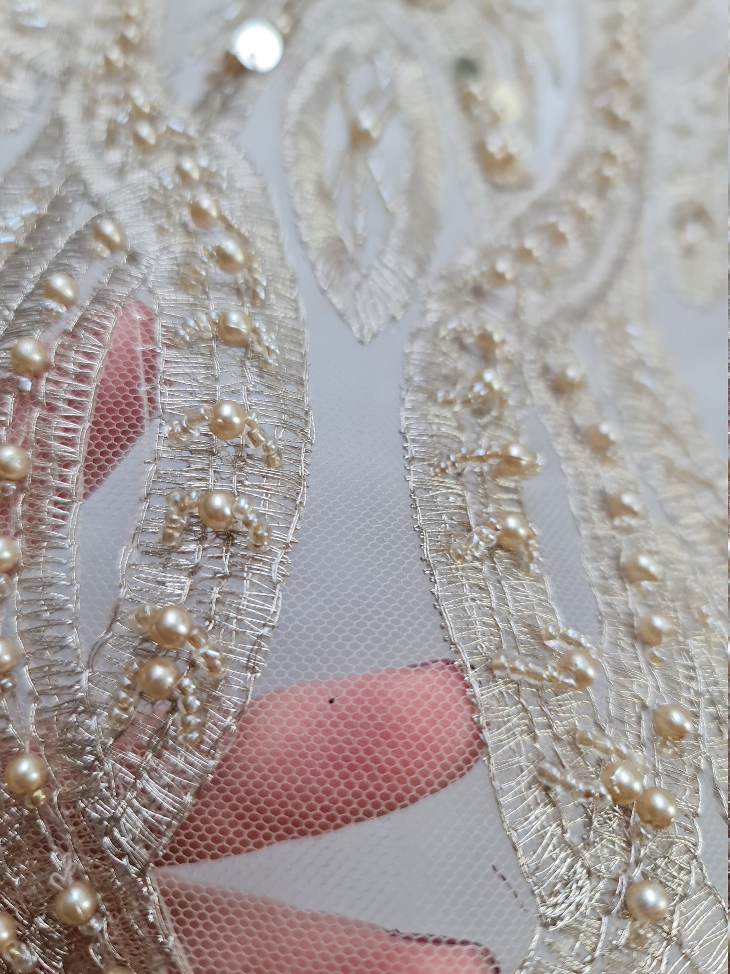 Gorgeous ornamental lace fabric with beads and big sequins in gold color, lace per meter LL-1346
