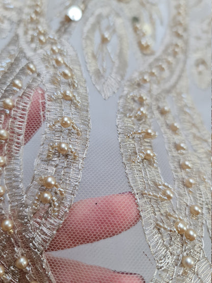 Gorgeous ornamental lace fabric with beads and big sequins in gold color, lace per meter LL-1346