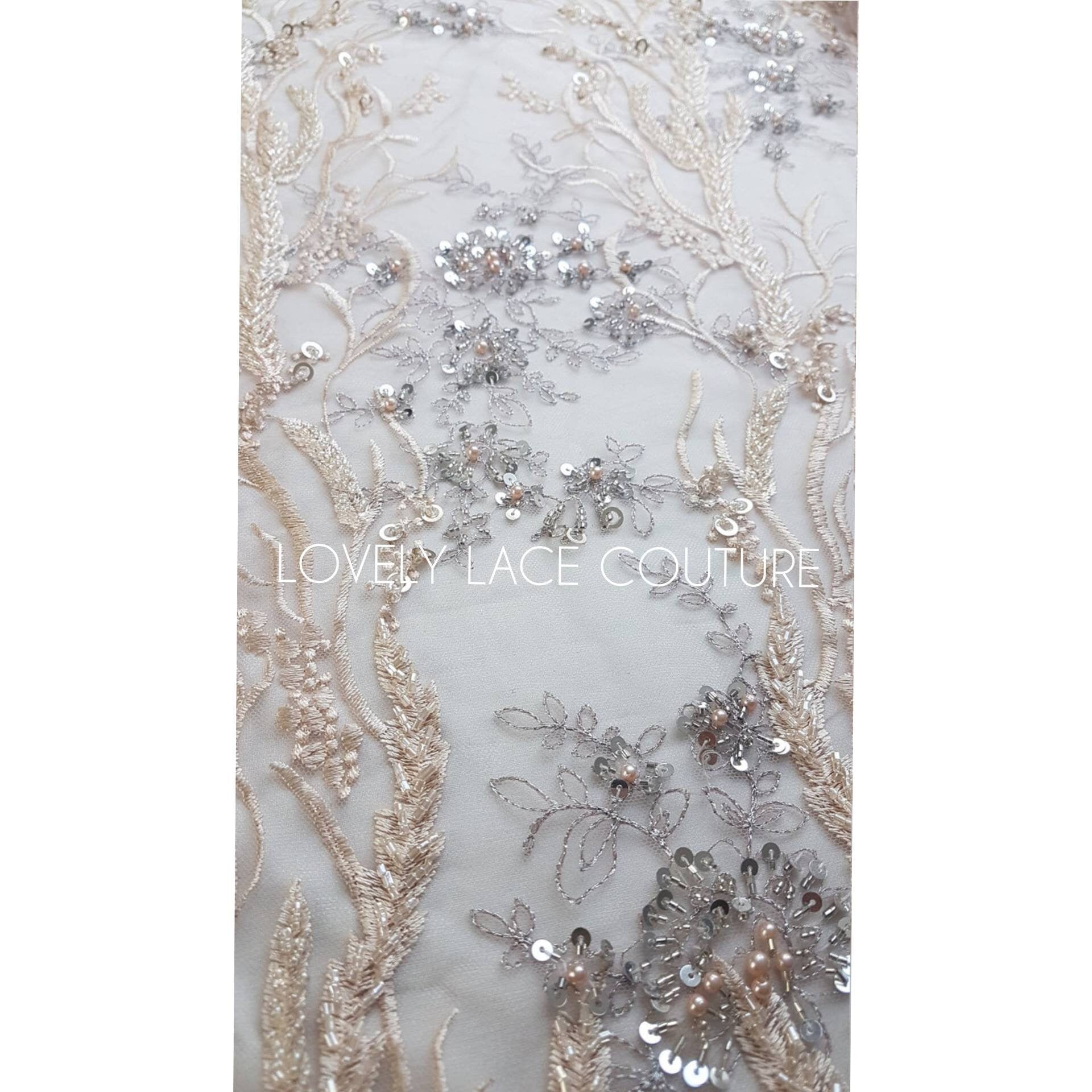 Wonderful 3D-Lace fabric with abstract desgin, Colored bridal lace, Wedding Lace Fabric, Embroidered lace in rosé-beige-silver color LL-1334
