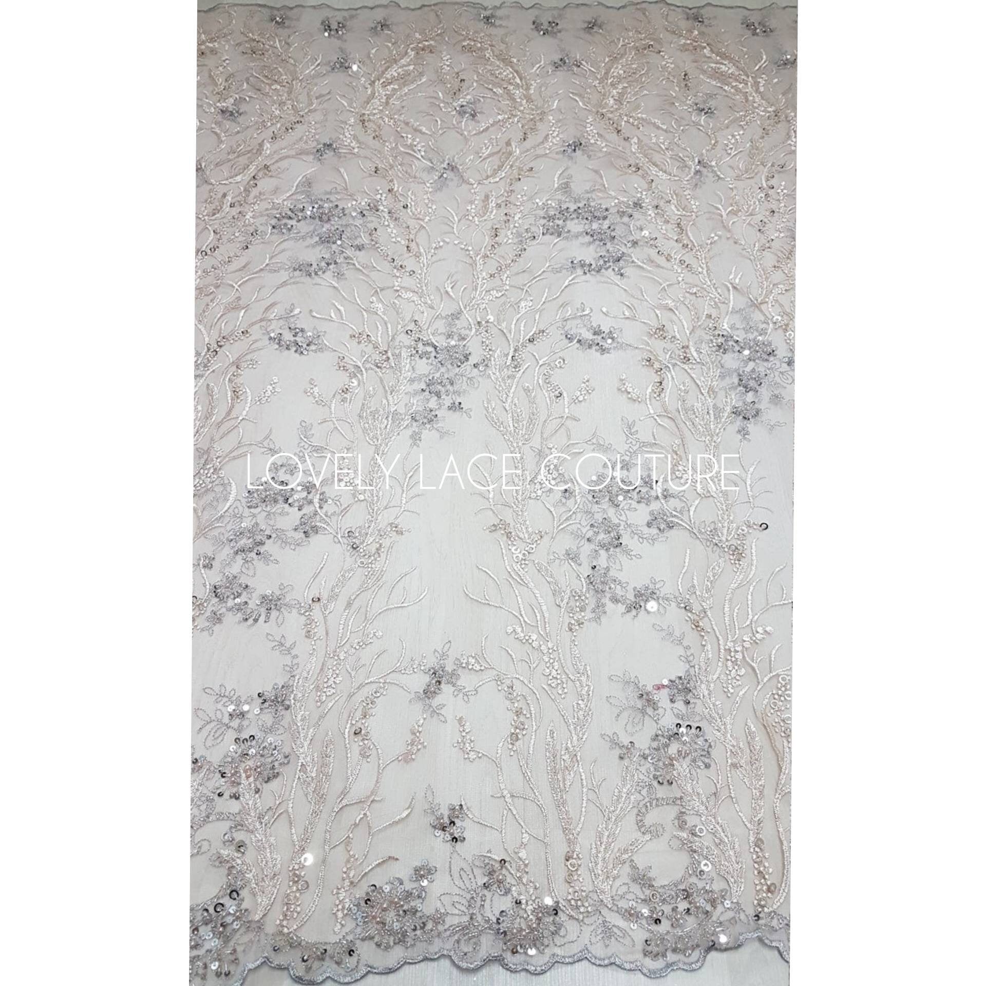 Wonderful 3D-Lace fabric with abstract desgin, Colored bridal lace, Wedding Lace Fabric, Embroidered lace in rosé-beige-silver color LL-1334