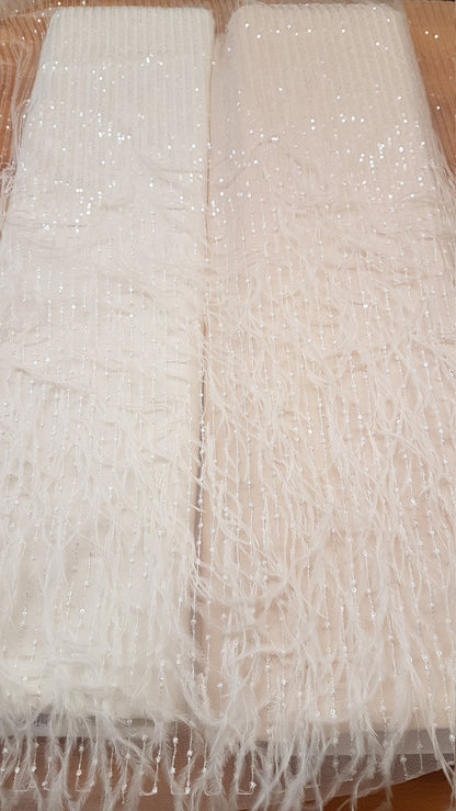 Stunning 3D French Lace Fabric in white with feathers and sequins, wedding lace fabric, bridal lace fabric, embroidery lace fabric LL-1110