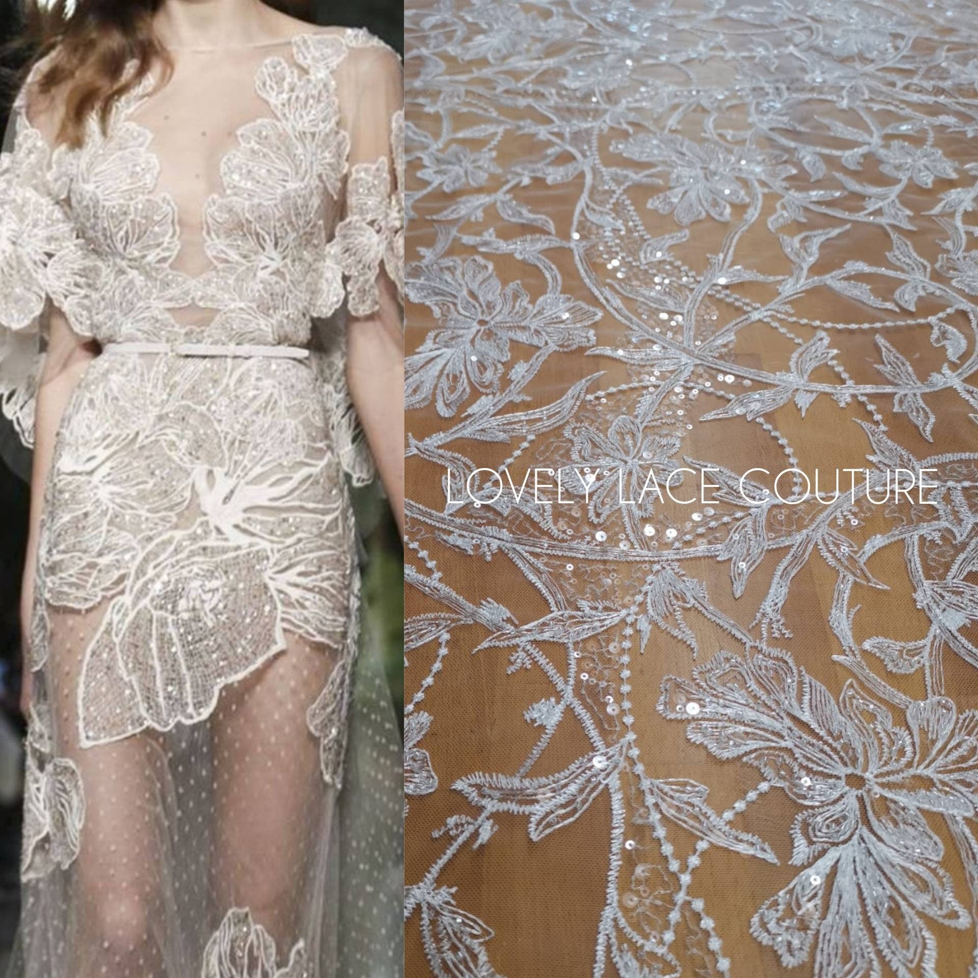 Gorgeous Lace Fabric in white with sequins, Floral Lace, wedding lace fabric, bridal lace fabric, embroidery lace, sparkling lace LL-1102