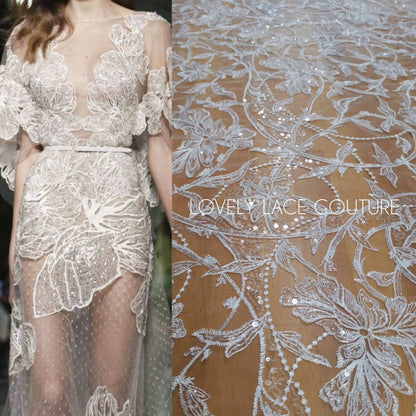 Gorgeous Lace Fabric in white with sequins, Floral Lace, wedding lace fabric, bridal lace fabric, embroidery lace, sparkling lace LL-1102