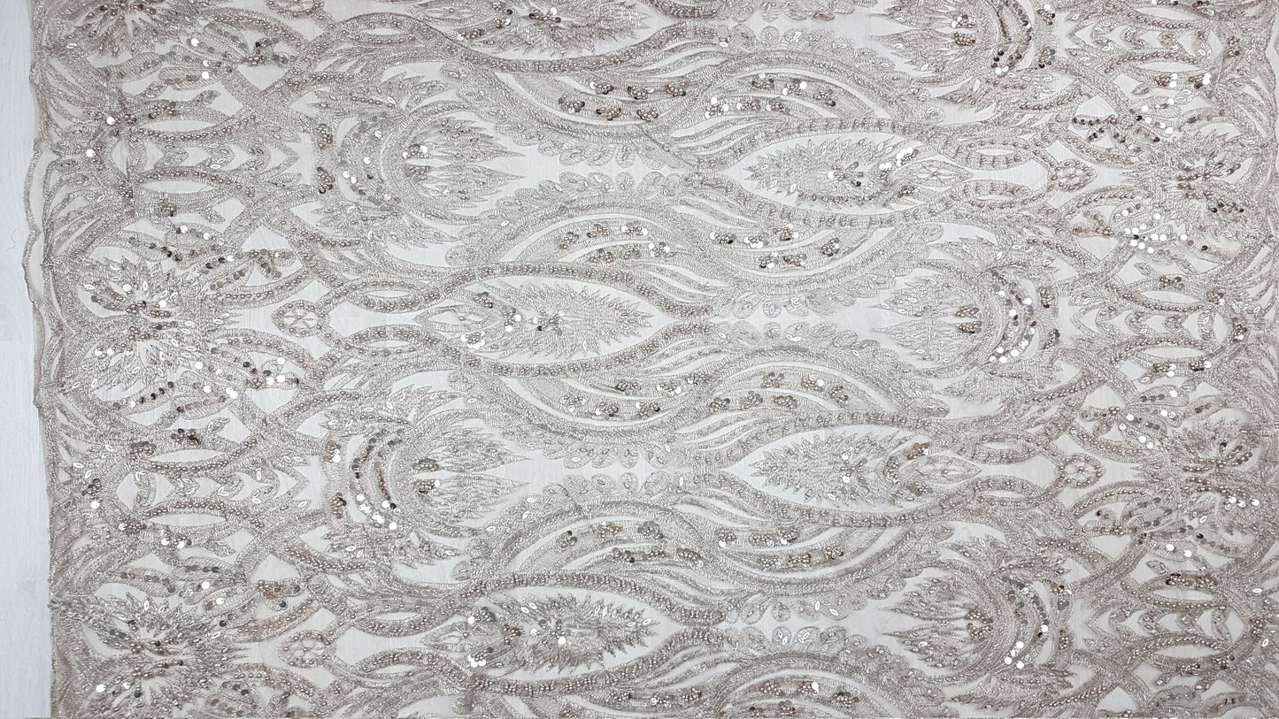 Gorgeous ornamental lace fabric with beads and big sequins in off-white LL-1326 or gold color LL-1345, lace for gown, from 1Meter