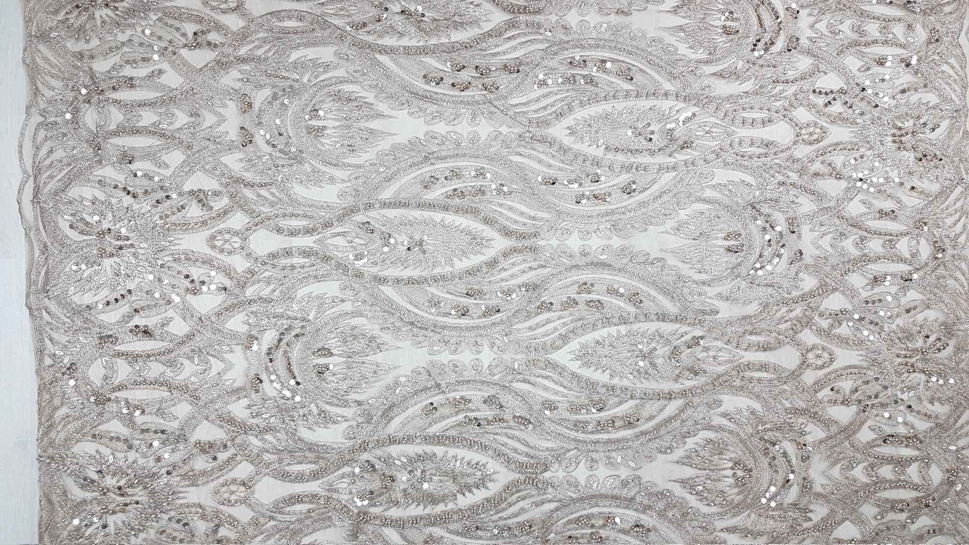 Gorgeous ornamental lace fabric with beads and big sequins in off-white LL-1326 or gold color LL-1345, lace for gown, from 1Meter