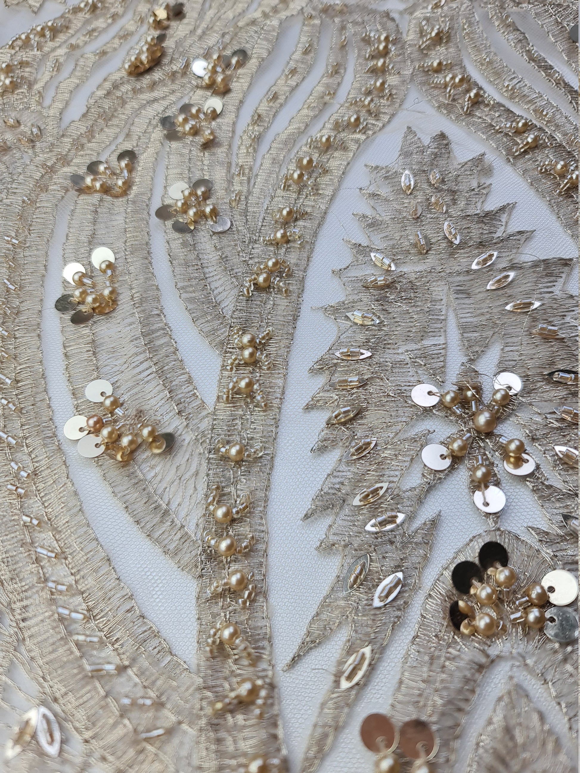 Gorgeous ornamental lace fabric with beads and big sequins in off-white LL-1326 or gold color LL-1345, lace for gown, from 1Meter