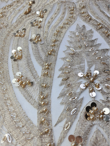 Gorgeous ornamental lace fabric with beads and big sequins in off-white LL-1326 or gold color LL-1345, lace for gown, from 1Meter