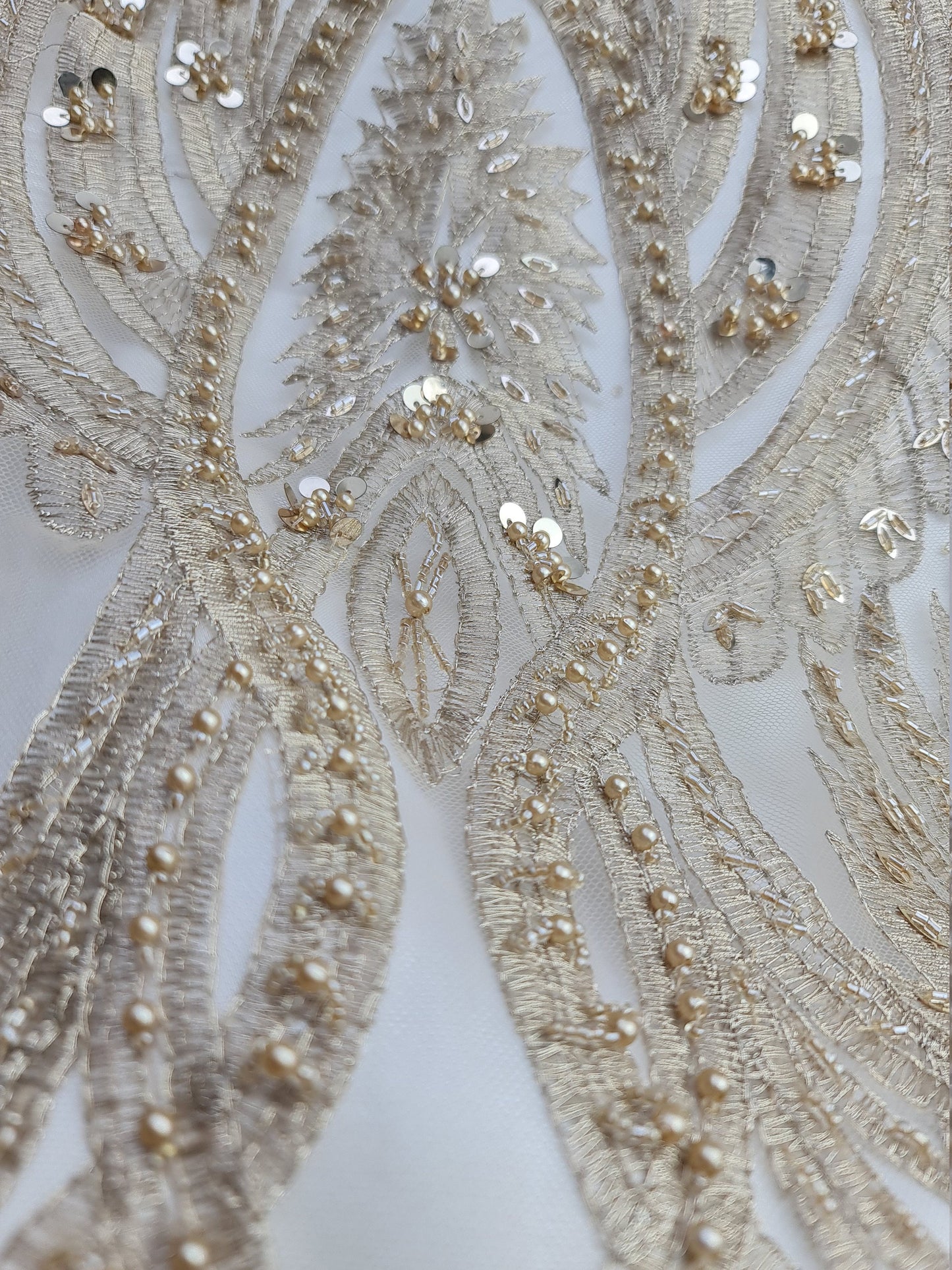 Gorgeous ornamental lace fabric with beads and big sequins in off-white LL-1326 or gold color LL-1345, lace for gown, from 1Meter